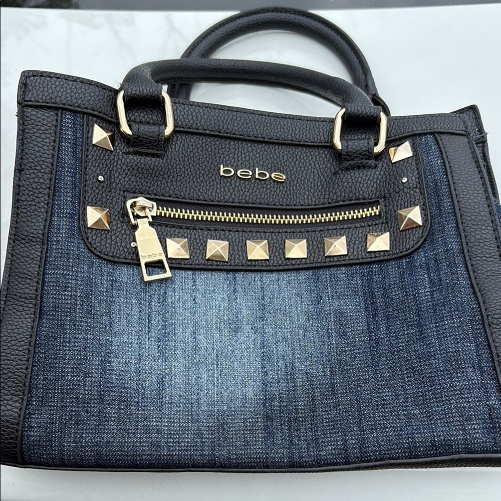 Bebe Black and Blue denim purse gold Studs